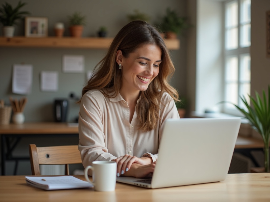 O proprietară de afacere zâmbește în timp ce citește pe laptop mesajele care îi vin de pe pagina ei web